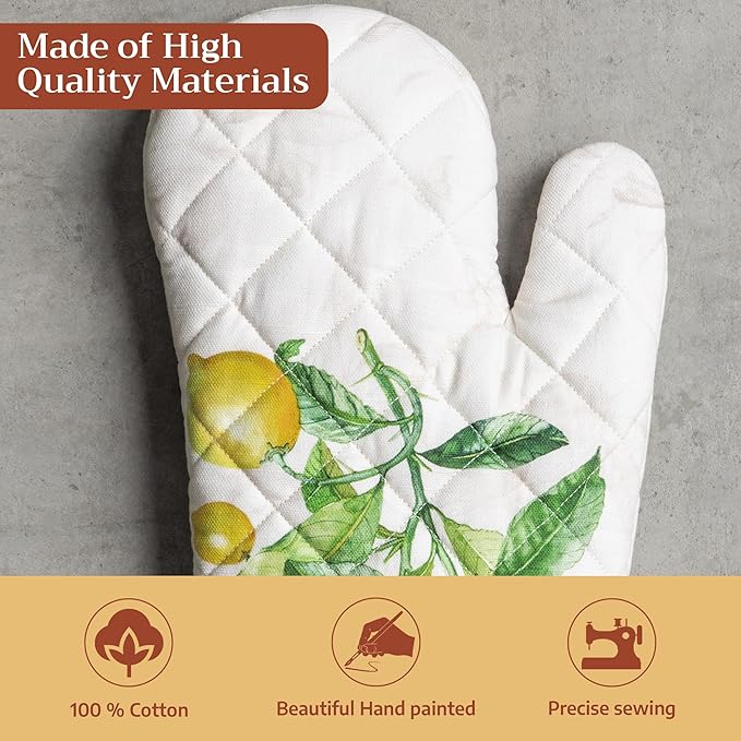 Maison d'Hermine Oven Gloves 100% Cotton Oven Mitt 7" x 13" with Loop Heat Resistant BBQ Cooking Gloves Baking Grilling Kitchen Hotel Home Farmhouse Spring Summer (Pack of 1, Limoncello)