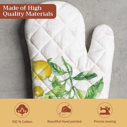 Maison d'Hermine Oven Gloves 100% Cotton Oven Mitt 7" x 13" with Loop Heat Resistant BBQ Cooking Gloves Baking Grilling Kitchen Hotel Home Farmhouse Spring Summer (Pack of 1, Limoncello)