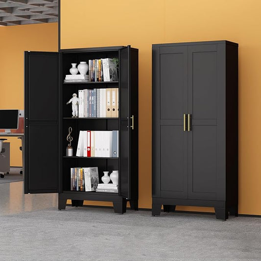Black Metal Storage Cabinet, 61" Steel Cabinets for Home Office, Kitchen Pantry Storage Cabinet with Doors and 3 Adjustable Shelves, Metal Tool Cabinet, for Office, Home, Garage, School