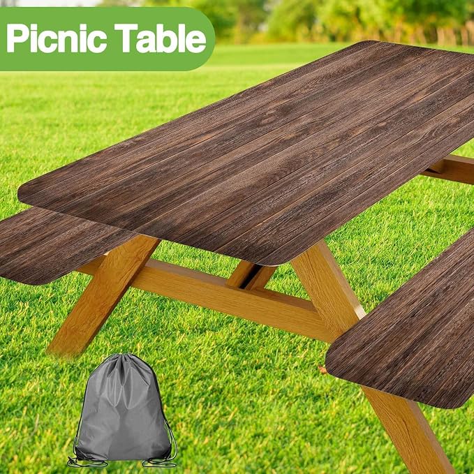 JAWO Vintage Brown Rustic Wooden Picnic Table Cover with Bench Covers, Modern Camping RV Essentials Gear Supplies Outdoor Waterproof Windproof Tablecloth with Elastic, 30X96in