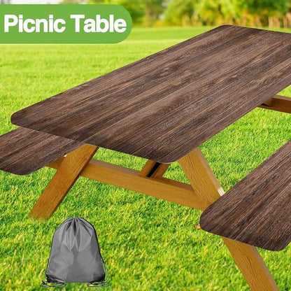 JAWO Vintage Brown Rustic Wooden Picnic Table Cover with Bench Covers, Modern Camping RV Essentials Gear Supplies Outdoor Waterproof Windproof Tablecloth with Elastic, 30X96in