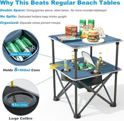 Folding Beach Table, Camping Table for Sand with Insulated Cooler Storage & 4 Cup Holders, Portable Pop Up Picnic Table, Lightweight Side Table for Outdoor