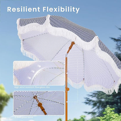 PHI VILLA 7ft Fringe Beach Umbrella with Sand Anchor, Outdoor Patio Portable Beach Umbrella for Sand with Tassels, Push Button Tilt & Carrying Bag, UPF 50+, Stripe Blue & White