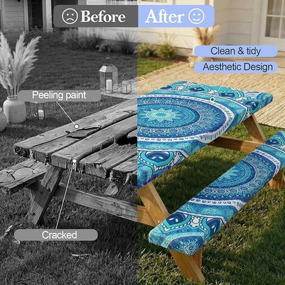 Picnic Table Cover Bench Covers Camping Essentials Tablecloth | Waterproof Vinyl for Outdoor, Windproof Elastic Fitted Edges, RV BBQ Accessories Must Haves, Storage Bag Included