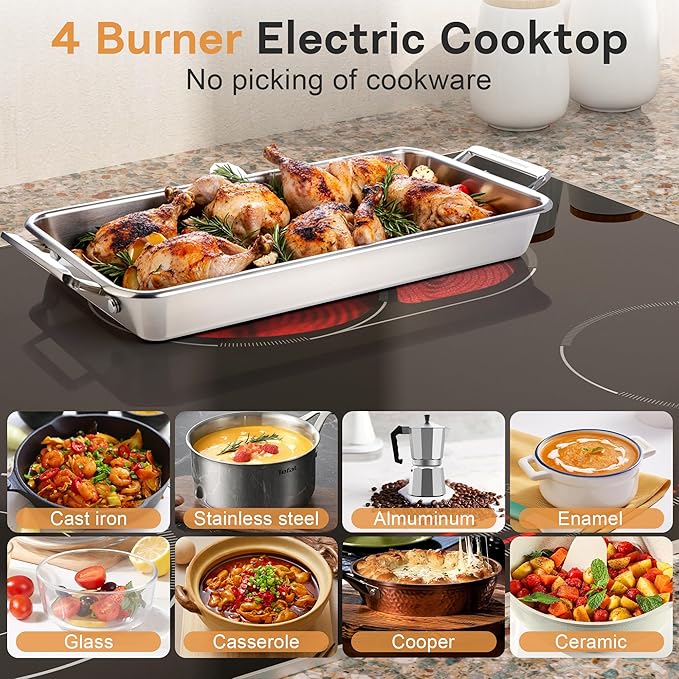 30 Inch Electric Cooktop, 4 Burner Electric Stove with Double Ring Burner & Extended Zone, 6600W Electrics Cooktop 220V-240V, 9 Power Levels, Slide Control, Safety Lock, Timer