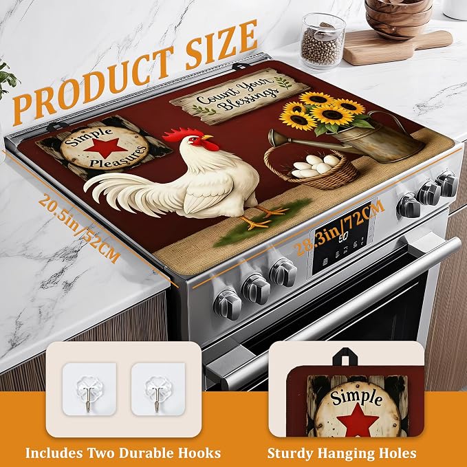 Farmhouse Rooster Glass Top Stove Cover Protector,Rustic Sunflower Heat Resistant Stove Top Cover, Large Size Range Covers for Electric Stove Countertop Mat, 28 x 20 Inch