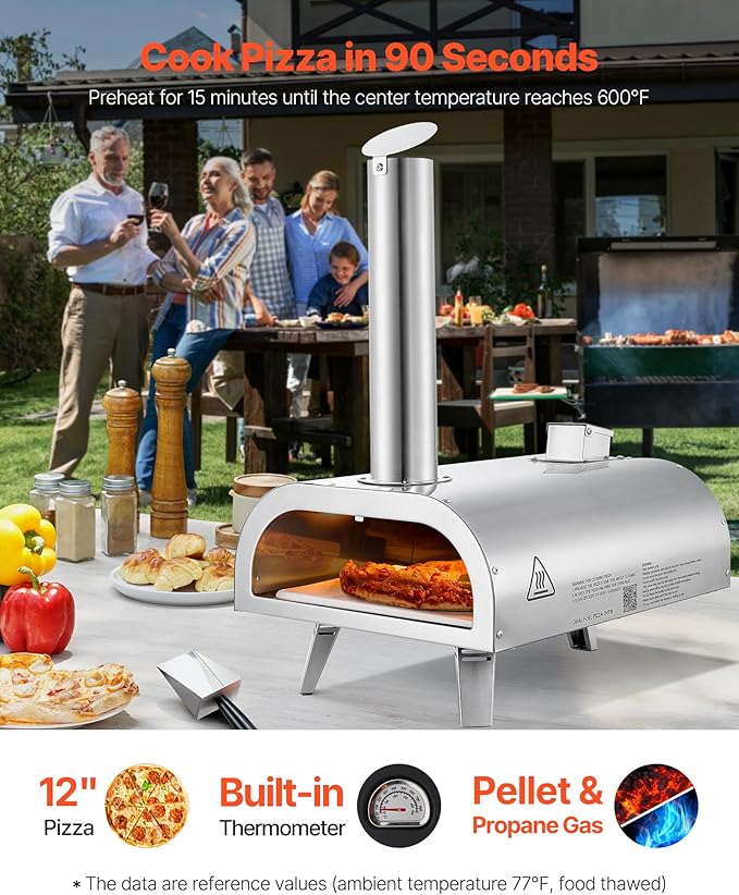 VEVOR Dual Fuel Pizza Oven Outdoor, 12 Inch Wood Fire & Propane Gas Pizza Oven, Pellet & Propane Pizza-Maker with Thermometer, Carry Bag, Stainless Steel Pizza-Cook for Outside Camping & Backyard