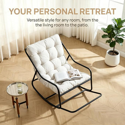 Outdoor Rocking Chairs, Metal Frame Outdoor Rocker with Footrest, Comfy Oversized Patio Chair with Thick Cushion, Reading Glider Lounge Chair for Living Room, Bedroom, Garden, Relax, White