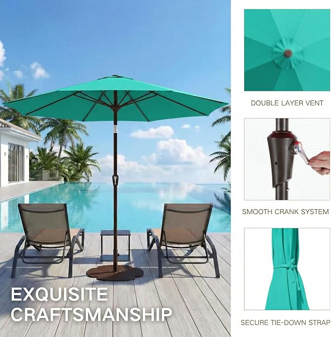 Kingdura 9FT Outdoor Patio Umbrella, Round Market Table Umbrella with Push‑Button Tilt and Crank Lift, 8 Sturdy Metal Ribs, UV50+ Protection Canopy for Backyard, Lawn, Deck, Poolside, Garden (Tiffany blue)