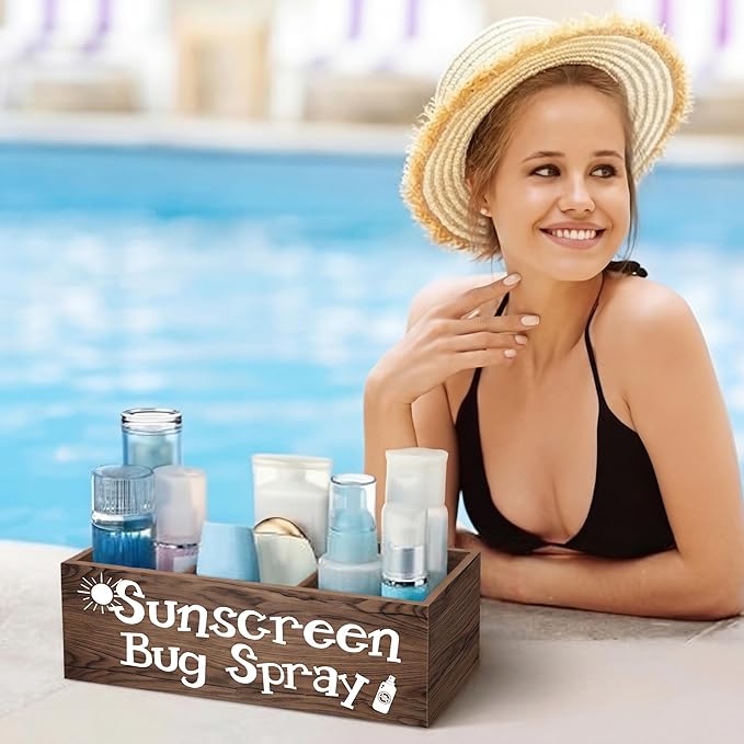 CroBlissful Sunscreen Bug Spray Storage Basket Summer Beach Wooden Box with 3 Compartment Dark Brown Toilet Tank Tray for Indoor Outdoor Swimming Pool Decor Sunblock Sunglasses Pool Toy Storage Basket