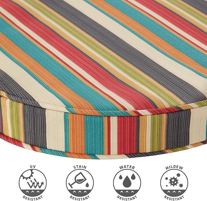Set of 2 Outdoor 18 inch Round Patio Dining Chair Pads – Comfortable Fiber-Filled Seat Cushions with Ties, Reversible Polyester Fabric - Sunset Stripe