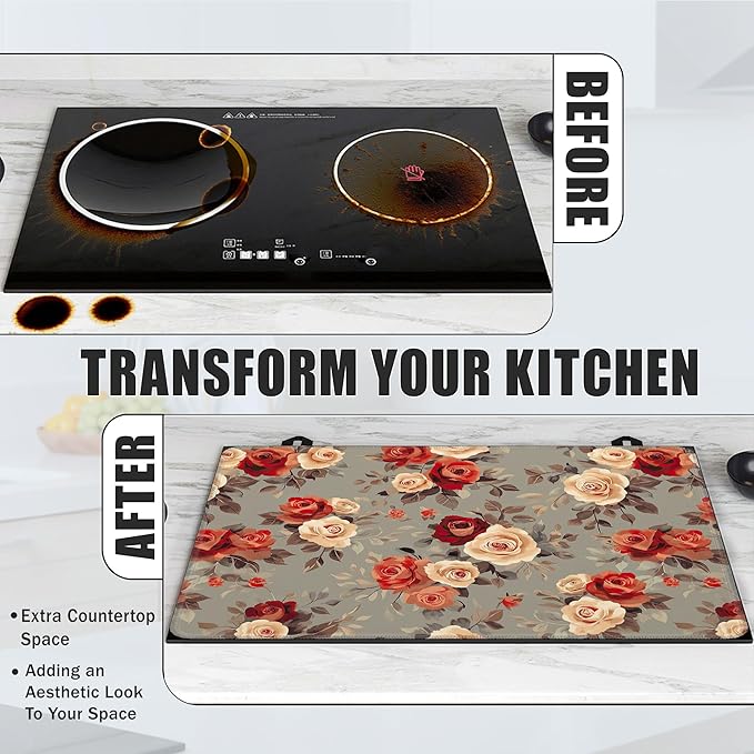 Stove Top Covers for Electric Stove,Vintage Flowers Flat Top Stove Cover,Red Rose Floral Heat Resistant Glass Top Stove Cover Protector Anti-Slip Range Covers, 28 x 20 Inch