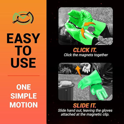 MagneCHEF Freedom Series Magnetic Quick-Release BBQ Gloves – Get Out Fast, 500°F Heat Resistant Silicone, 3mm Thick, Non-Slip Grip, Waterproof & Easy Clean (Green Glow in the Dark)