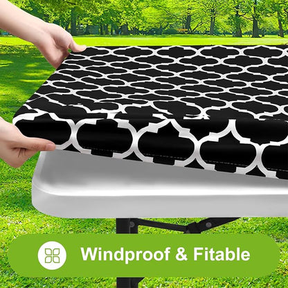 Smiry Picnic Fitted Table Cover, 4 Foot Flannel Backed Vinyl Tablecloth | Waterproof Elastic Stretch Table Cloth, Wipeable Plastic Tablecloth for Camping, Indoor & Outdoor (Black, 24" x 48")