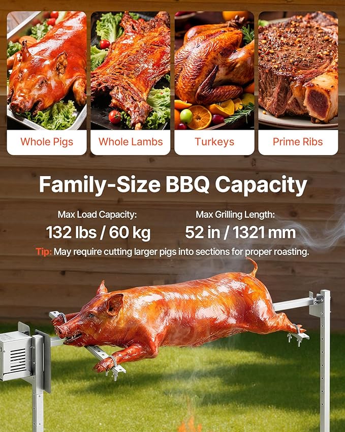 VEVOR Rotisserie Grill, 8 Level Height Stainless Steel Electric Rotisserie Grill Kit, 132 lbs Load Capacity BBQ Grills Rotisseries Kit with 38W Motor, Automatic Grilling Kits for Parties