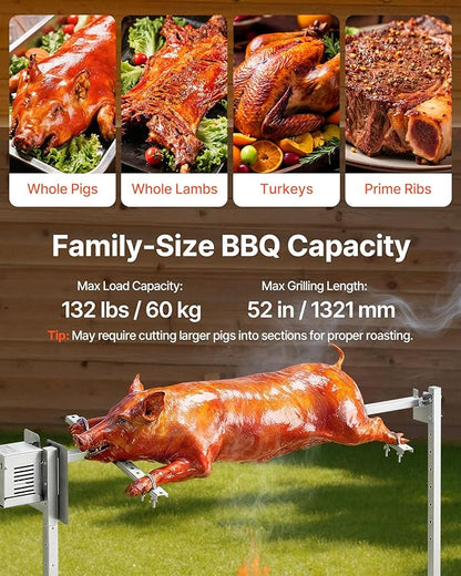 VEVOR Rotisserie Grill, 8 Level Height Stainless Steel Electric Rotisserie Grill Kit, 132 lbs Load Capacity BBQ Grills Rotisseries Kit with 38W Motor, Automatic Grilling Kits for Parties