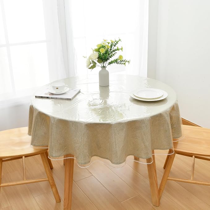 JIUZHEN 60" Round Clear Vinyl Tablecloth - 100% Waterproof & Oil Proof, Heavy Duty Plastic Table Cover Protector, Wipe Clean for Dining, Parties, Camping (60inch Round)