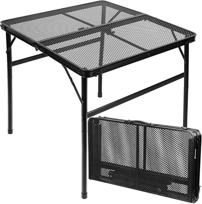 Square Folding Card Table with Adjustable Height (12" & 26"), Black Portable Metal Mesh Table for Camping, BBQ, Picnic, Game, Patio & Indoor Use, Fits 2–4 People, Lightweight 7.6 lb, Supports 66 lb