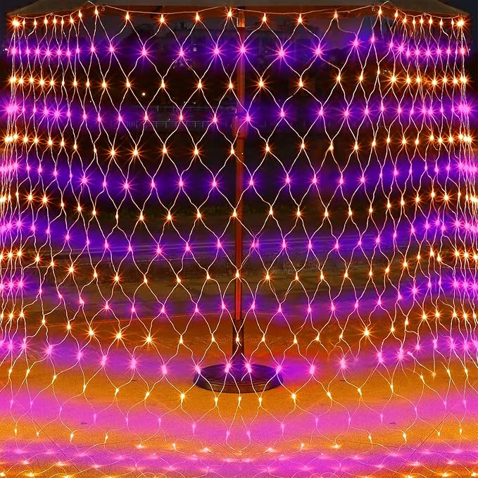 WATERGLIDE Outdoor Halloween Net Lights, 12FT x 5FT 360 LED Fairy String Light with 8 Lighting Modes, Connectable Light Safe Adaptor for Garden Tree Bushes Holiday Party Decorations, Orange & Purple