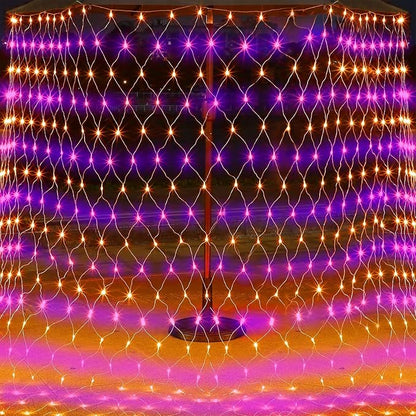 WATERGLIDE Outdoor Halloween Net Lights, 12FT x 5FT 360 LED Fairy String Light with 8 Lighting Modes, Connectable Light Safe Adaptor for Garden Tree Bushes Holiday Party Decorations, Orange & Purple