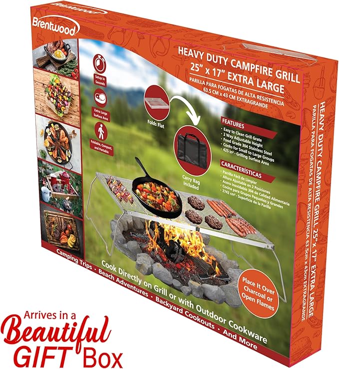 Brentwood BB-17X25SS 25” x 17” Heavy Duty Stainless Steel Portable Folding Campfire Grill with Carry Bag