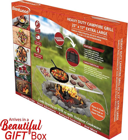 Brentwood BB-17X25SS 25” x 17” Heavy Duty Stainless Steel Portable Folding Campfire Grill with Carry Bag
