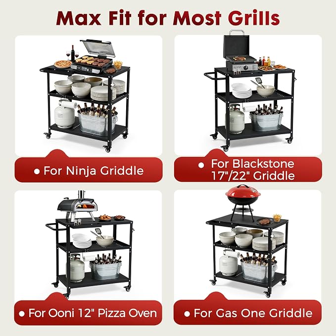 Grill Cart Table Indoor & Outdoor with 4 Lockable Casters, Hooks & Side Handle, Multifunctional Pizza Oven Stand for Patio Kitchen
