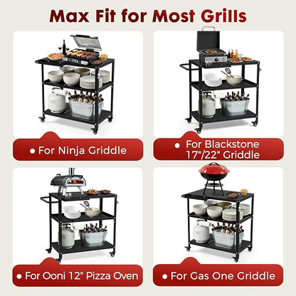 Grill Cart Table Indoor & Outdoor with 4 Lockable Casters, Hooks & Side Handle, Multifunctional Pizza Oven Stand for Patio Kitchen