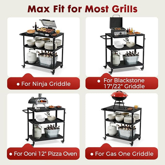 Grill Cart Table Indoor & Outdoor with 4 Lockable Casters, Hooks & Side Handle, Multifunctional Pizza Oven Stand for Patio Kitchen