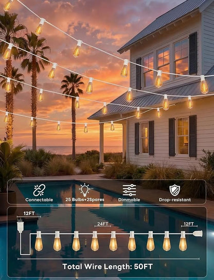 50FT Outdoor String Lights Weatherproof, Patio Lights with 25+2 Shatterproof ST40 Edison Bulbs, Commercial Grade Warm White LED String Lights for Wedding Backyard Christmas Party, White