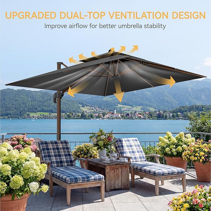 10x13 FT Wood Pattern Patio Umbrella with Base, Large Deluxe Cantilever Rectangular Double Top Heavy Duty Offset Umbrellas with 360° Rotation, Outdoor shade for Garden Pool Patio, Grey