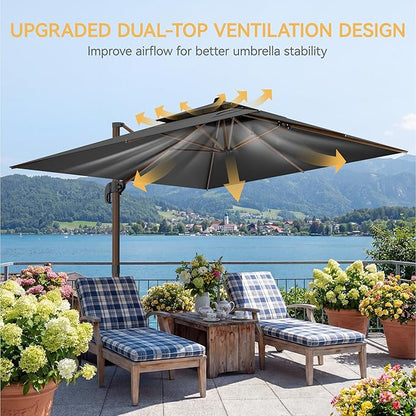10x13 FT Wood Pattern Patio Umbrella with Base, Large Deluxe Cantilever Rectangular Double Top Heavy Duty Offset Umbrellas with 360° Rotation, Outdoor shade for Garden Pool Patio, Grey