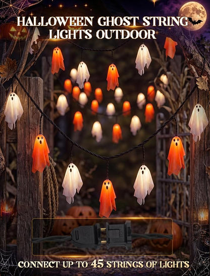 8.5Ft 10 LED Halloween Light Up Decoration Flying Ghost Lights Orange White | 4.8W 120V, Plug in End-to-End Connectable, Waterproof & Shatterproof, UL Listed for Yard Patio Party Porch Halloween Decor