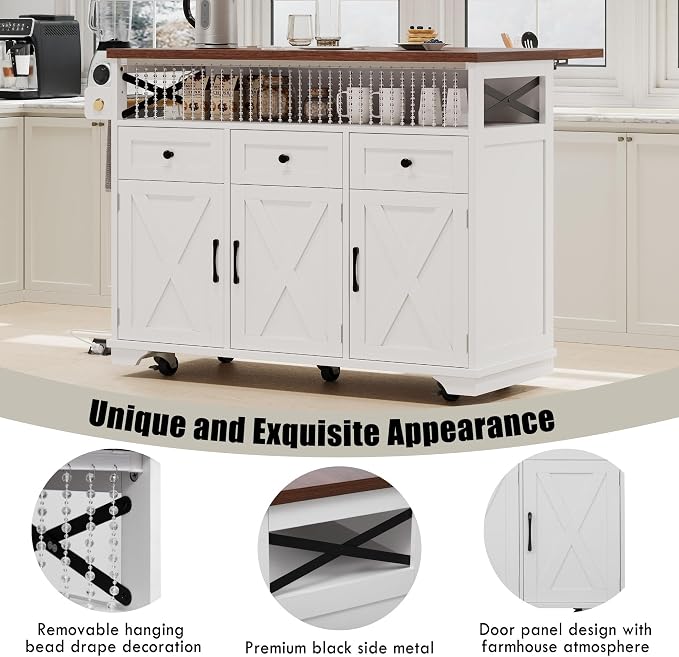 Bellemave 46.5" Farmhouse Kitchen Island cart with Charging Station and with Drape of Beads, Rolling Kitchen Island Table with Drop-Leaf, 3 Drawers, White