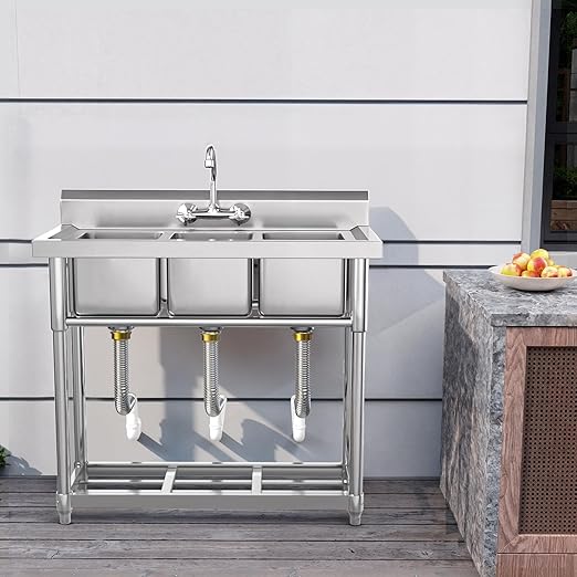 YITAHOME Freestanding Commercial 3 Bay Kitchen Under bar Sink NSF Stainless Steel 3 Compartment Bowl Outdoor Sink with Storage Shelve, Backsplash for Restaurant, Food Truck & Home (39"x 18"x 37")