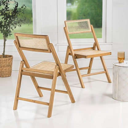 JONATHAN Y Theo Teak Wood and Rattan Folding Chairs, Set of 2, Light Brown | Woven Cane Seat And Back, Portable Lightweight Design, For Dining Room And Living Room, Mid-Century Vintage Bohemian Style