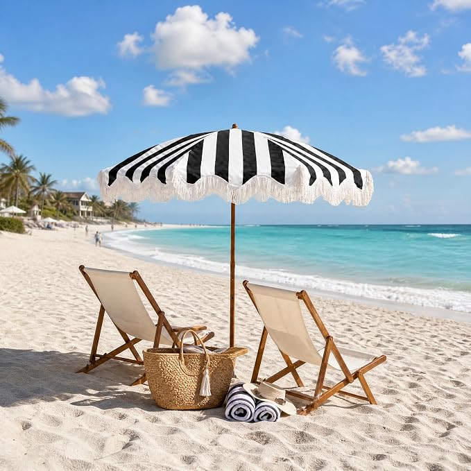 Rayjee 6.5FT Patio Umbrella with Fringe, Boho Outdoor Umbrella | UV Protection| Tilt & Adjustable Height | Brown Steel Pole | Carry Bag & Ground Stake | For Beach Pool Garden Terrace Picnic