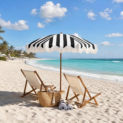 Rayjee 6.5FT Patio Umbrella with Fringe, Boho Outdoor Umbrella | UV Protection| Tilt & Adjustable Height | Brown Steel Pole | Carry Bag & Ground Stake | For Beach Pool Garden Terrace Picnic