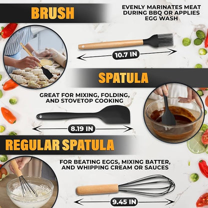 14 Pcs Black Kitchen Utensils Set with Holder for Nonstick Cookware | Silicone Cooking Utensils Set for BBQ; Heat-Resistant Tools with Wooden Handles for Baking, Serving, Frying, and Mixing