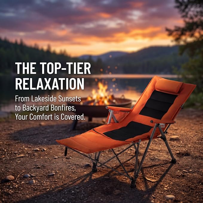 Adjustable Folding Beach Chair, Portable Camping Chair for Adults with Footrest, Reclining Outdoor Chair with Cup Holder & Pocket, Foldable Low Beach Chair for Camping, Picnic, Travel, Orange