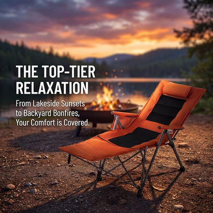 Adjustable Folding Beach Chair, Portable Camping Chair for Adults with Footrest, Reclining Outdoor Chair with Cup Holder & Pocket, Foldable Low Beach Chair for Camping, Picnic, Travel, Orange