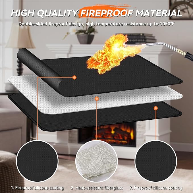 Fireplace Mat - Double-Sided Fireproof Waterpoof Wood Stove Hearth Pads (25x39 Black One)
