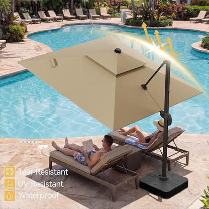 10x10 FT Patio Umbrella with Base, Large Cantilever Double Top Heavy Duty Offset Umbrellas with 360° Rotation, Outdoor shade for Garden Deck Pool, Tan
