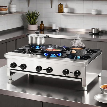 Stainless Steel Stoves,Portable Cooktop with 6 Burners–168,000 BTU,Comes with Conversion Kit for Both Propane & Natural Gas Cooktop Combo.Commercial Gas Stove for Restaurant & School Cafeteria.
