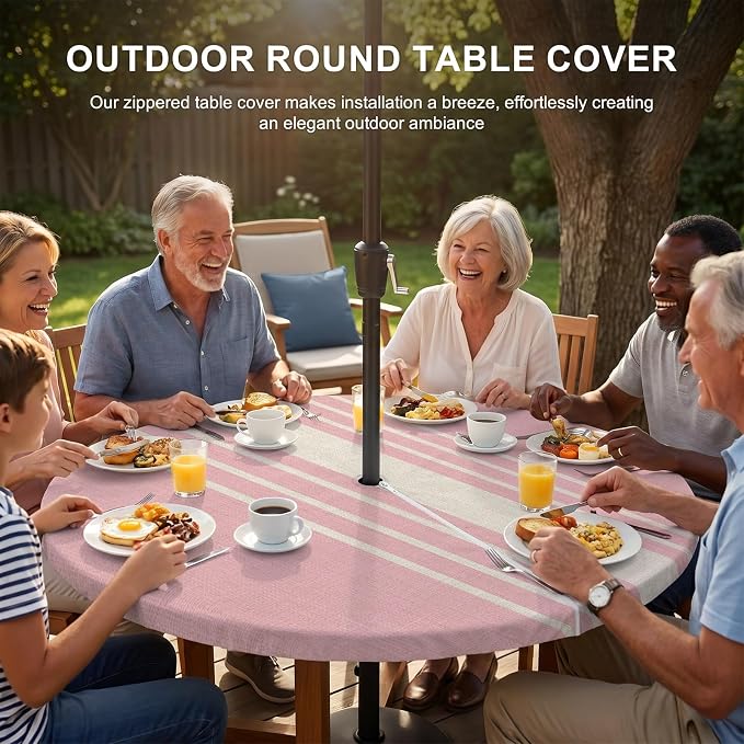 Outdoor Fitted Tablecloth with Umbrella Hole and Zipper, Pink Beige Striped Elastic Round Patio Table Cover, Farmhouse Retro Lines Modern Windproof Table Protector for Backyard BBQ Party 36''-44''