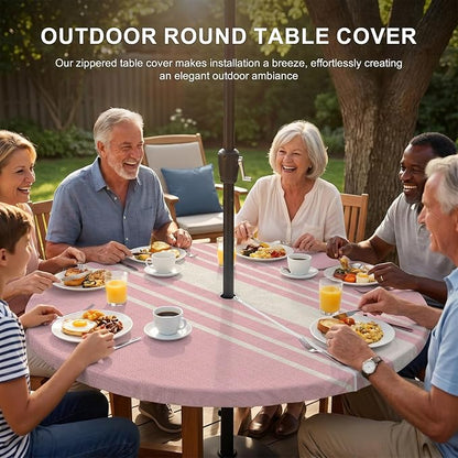 Outdoor Fitted Tablecloth with Umbrella Hole and Zipper, Pink Beige Striped Elastic Round Patio Table Cover, Farmhouse Retro Lines Modern Windproof Table Protector for Backyard BBQ Party 36''-44''