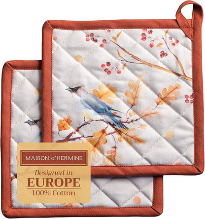 Maison d' Hermine Pot Holders Set 100% Cotton Heat Resistant Potholders 8" x 8" Hot Pads with Loop for Thanksgiving Christmas Decorations BBQ Cooking Baking Handling Hot Pans (Pack of 2, Oak Leaves)