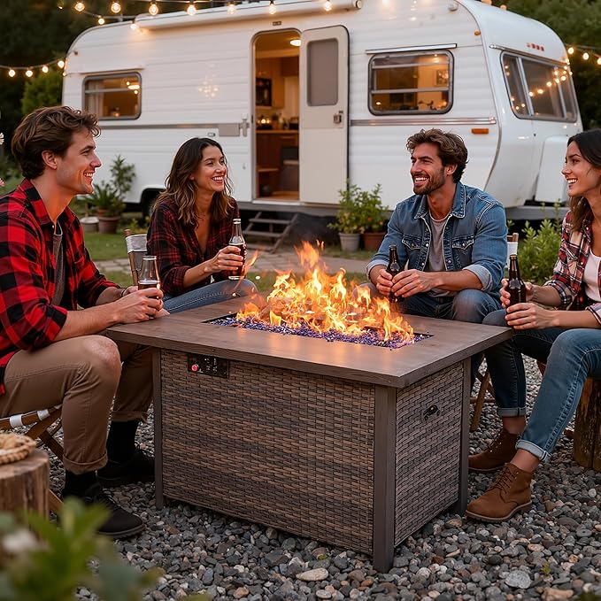 42 Inch Propane Fire Pit Table, 50,000 BTU Outdoor Gas Fire Pits with Removable Lid, 2 in 1 Rectangular Firepit Table for Outside Patio Deck and Garden (Brown)