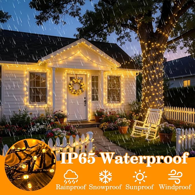 FairyGlim Christmas Lights Outdoor 100LED 33FT, Green Wire Connectable Christmas String Lights | 8 Modes Twinkle Fairy Lights Plug in with Timer, for Indoor Outside Xmas Trees Garden Party, Warm White