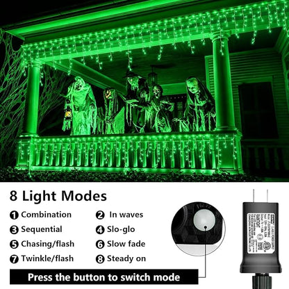 QITONG Green Halloween Lights, 66ft 800 LED Icicle Light for Outside with 8 Modes, Clear Wire Connectable Christmas String Lights Plug in Indoor